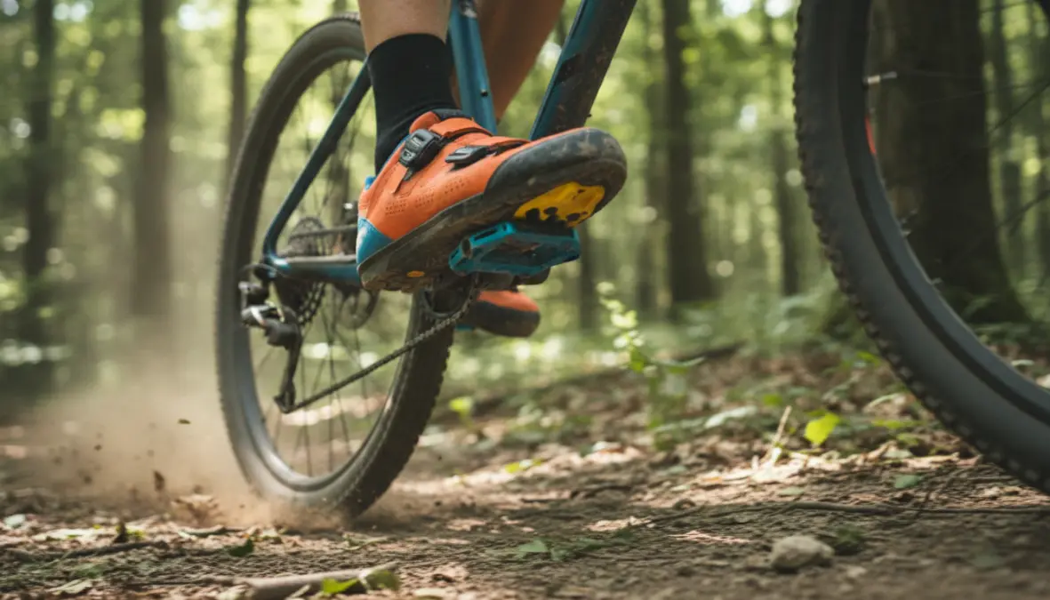 Mountain biker using clipless pedals with cycling shoes on trail