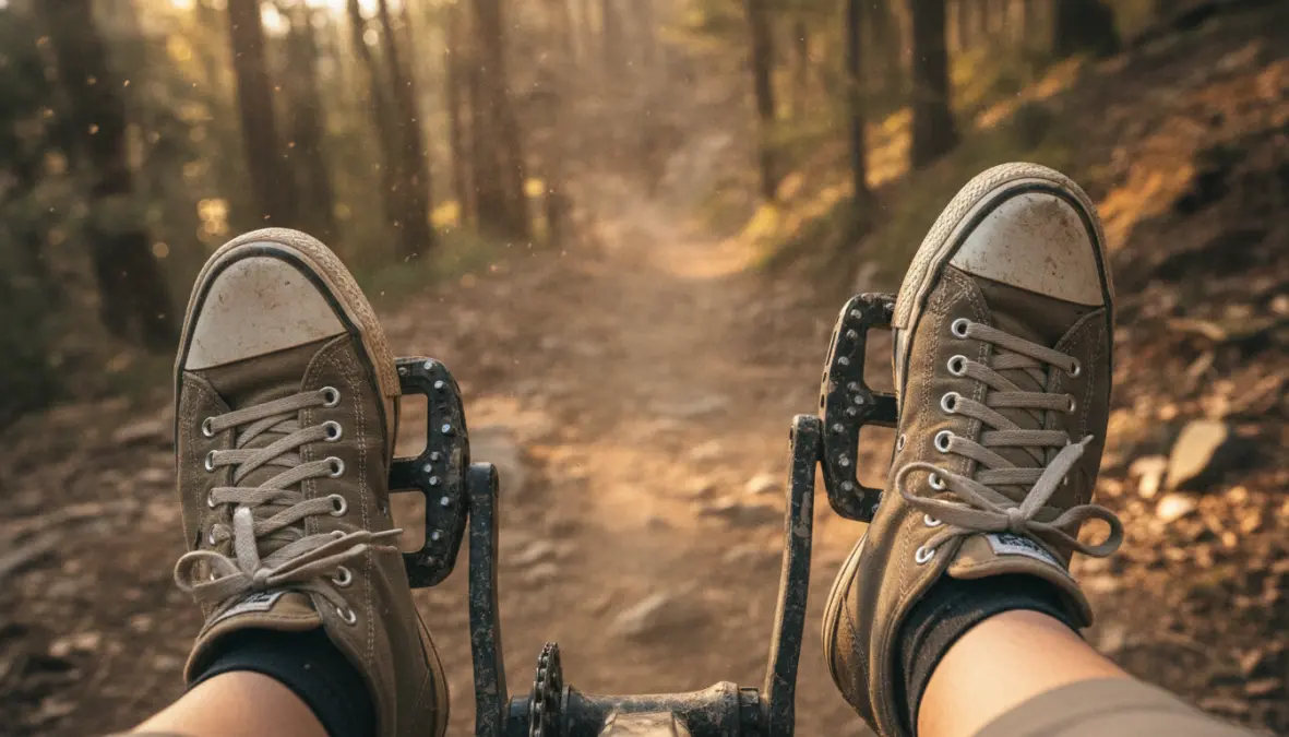 Platform pedals with casual shoes showing versatility and ease of use for cycling