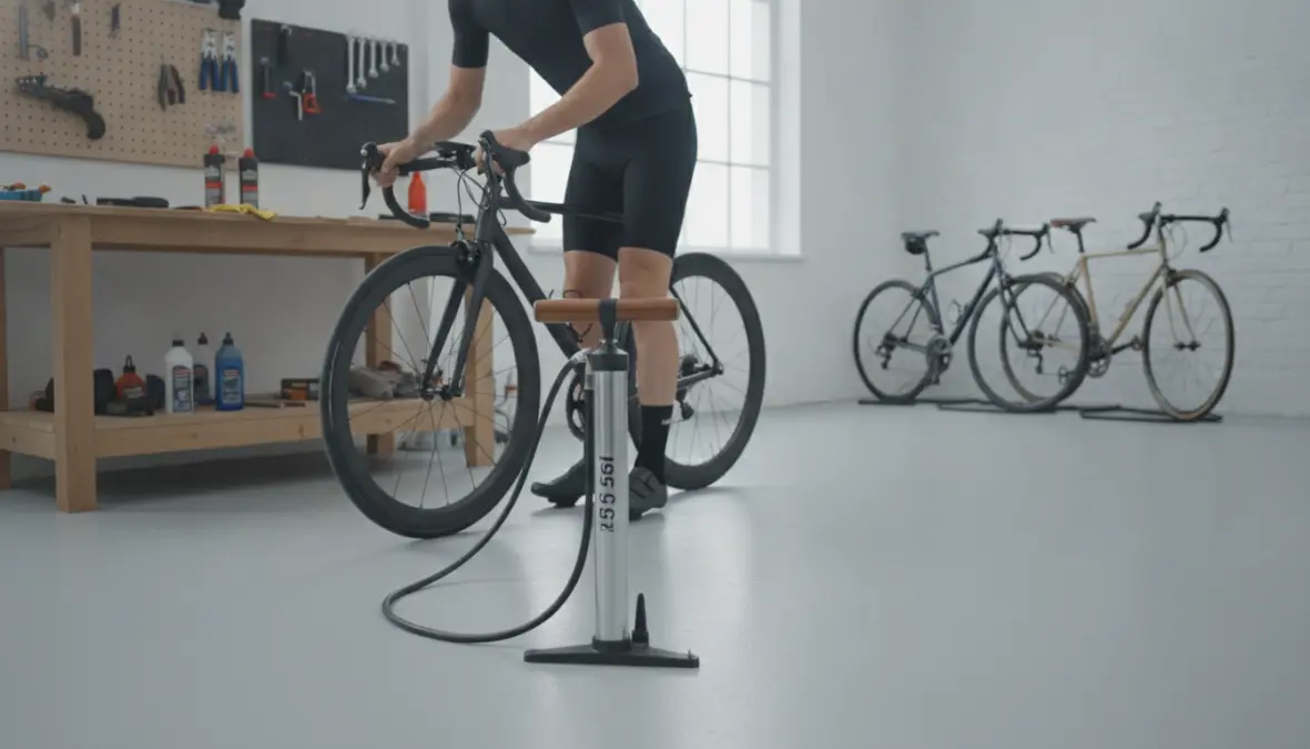 Track pump floor pump being used for home bike maintenance and precise tire pressure adjustment