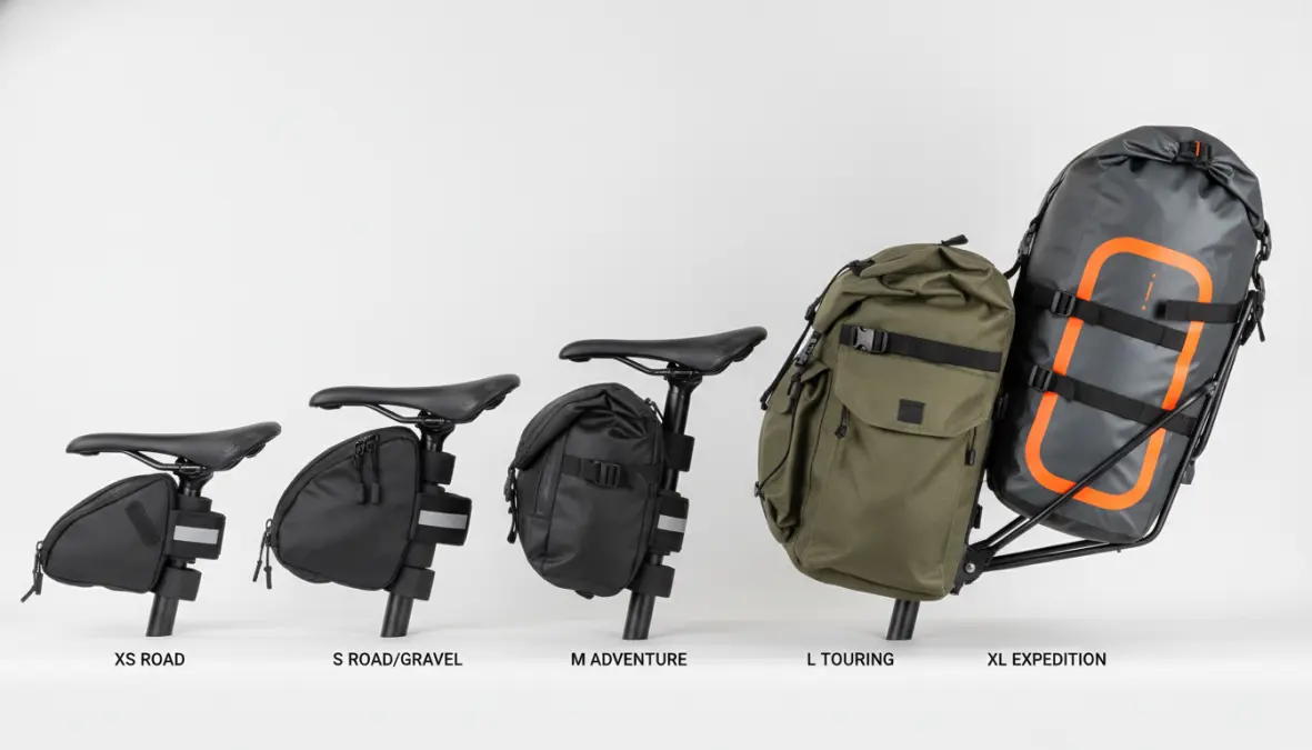 Different bicycle seat bag sizes for cycling gear storage from compact to large capacity