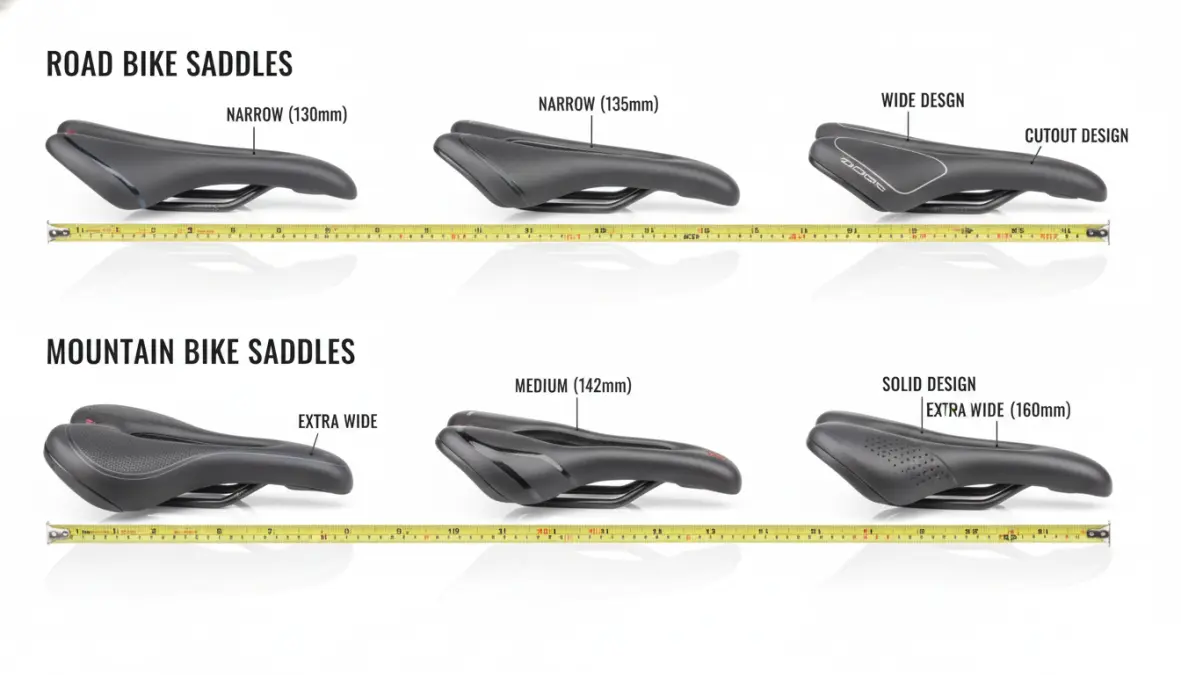 Comparison of different saddle widths and styles for road bike and mountain bike saddle selection
