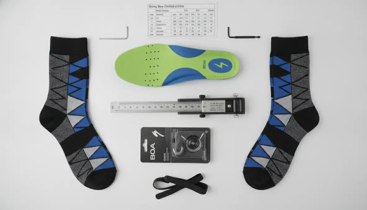 Cycling shoe fitting equipment including measurement tools, insoles, and sizing chart for proper bike shoe sizing