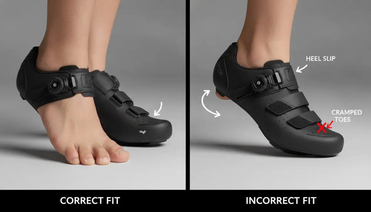 Comparison showing proper cycling shoe fit versus common fit problems like heel slip and toe box tightness