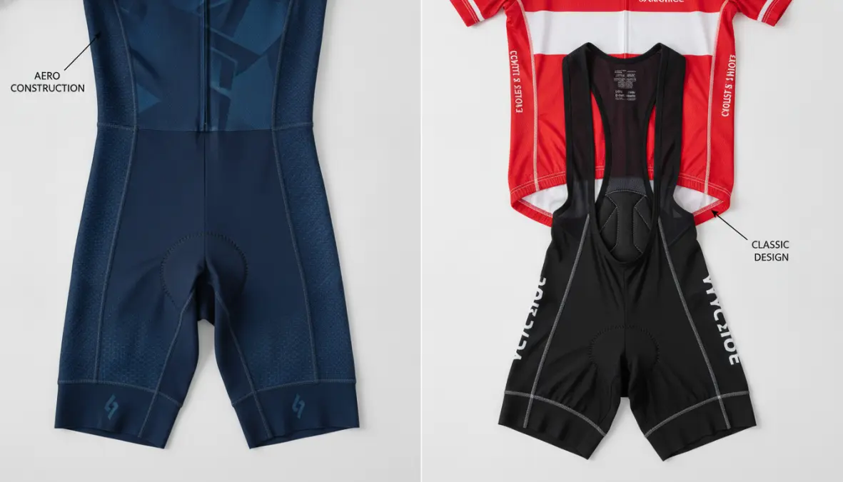 Detailed comparison of cycling skinsuit construction versus traditional jersey and bib shorts design