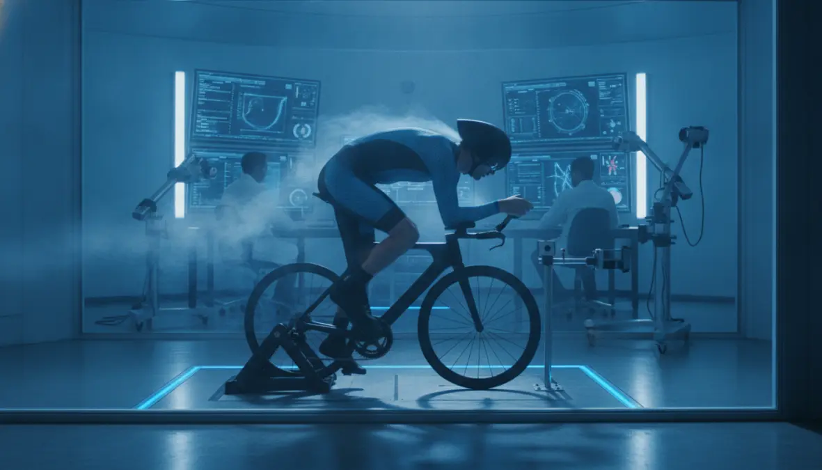 Wind tunnel testing of cycling skinsuit aerodynamics showing airflow and drag reduction