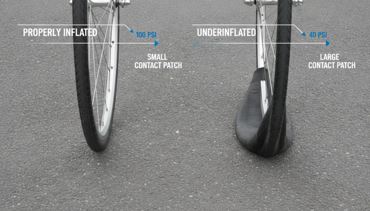 Comparison of proper tire inflation versus underinflated bike tire showing contact patch and rolling resistance differences