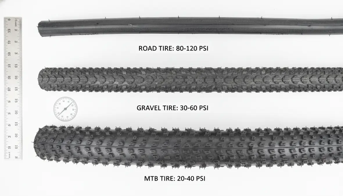 Different bike tire types showing road bike tire pressure, mountain bike tire pressure, and gravel tire PSI recommendations