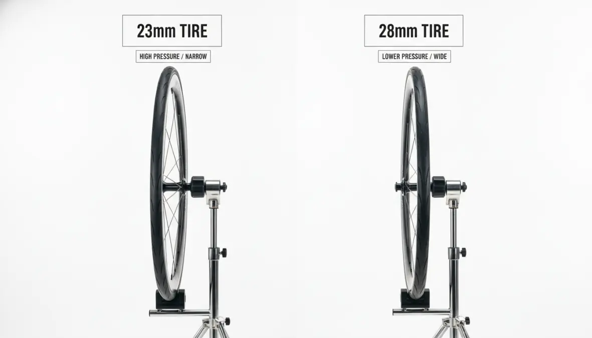 Road bike tire width comparison chart showing different PSI recommendations for 23mm and 28mm tires