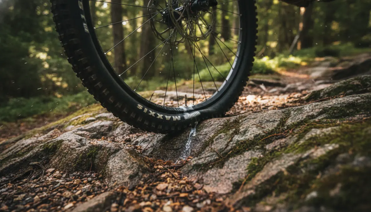 Mountain bike tire pressure demonstration showing optimal grip and traction on rocky terrain