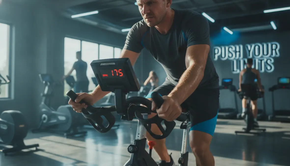 Indoor cycling workout for weight loss showing intense interval training session