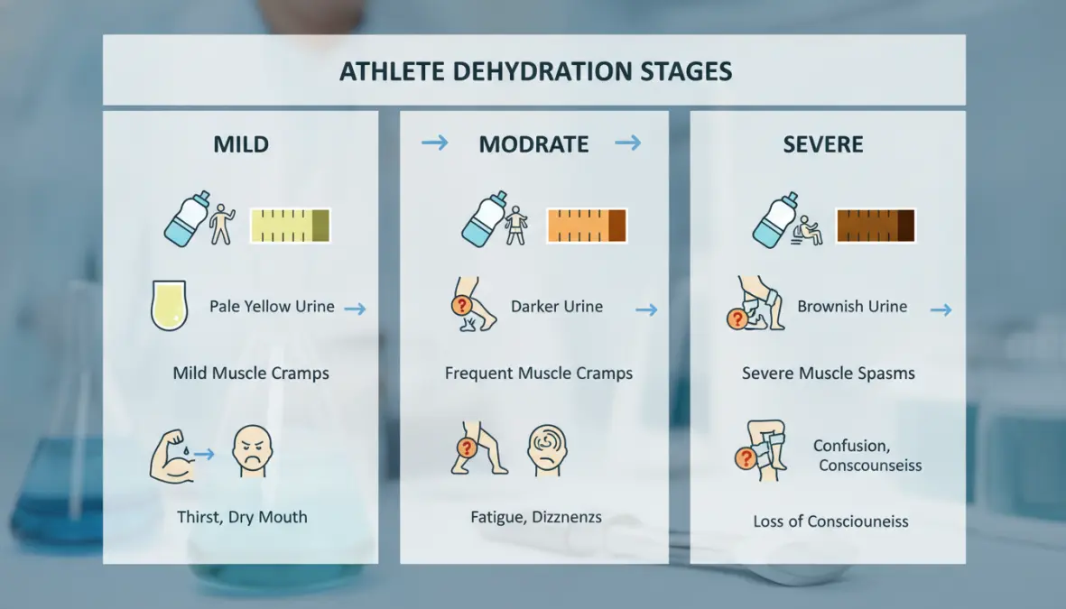 Visual chart showing athlete dehydration signs from mild to severe symptoms
