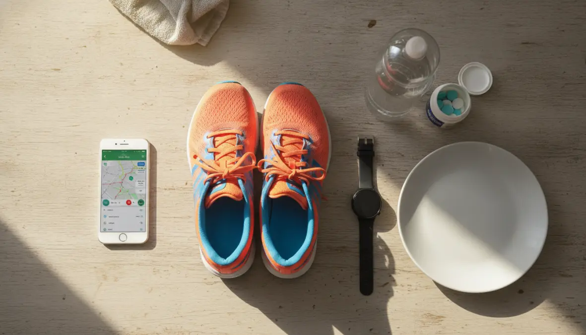 Setup per allenamento fasted training endurance con attrezzatura e idratazione per training on empty stomach