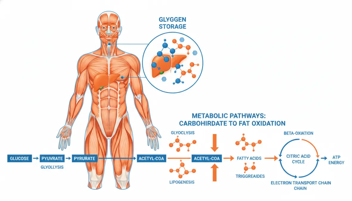 Diagram showing glycogen storage in muscles and metabolic shift to fat oxidation during glycogen depletion training