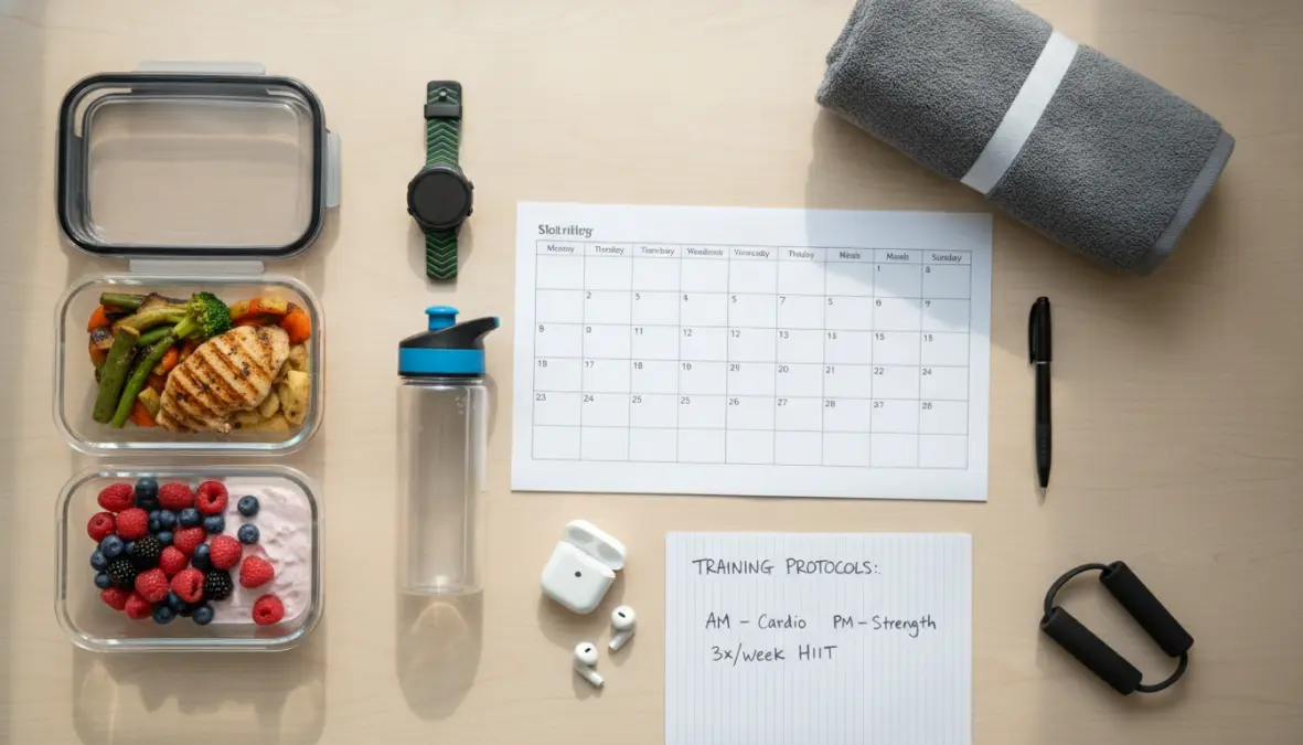 Weekly glycogen depletion workout plan with training schedule and meal prep for fat burning