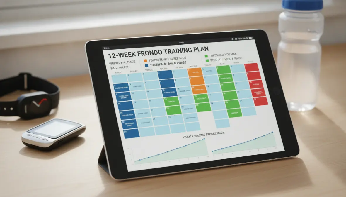 Visual representation of structured 12-week gran fondo training plan with periodization phases