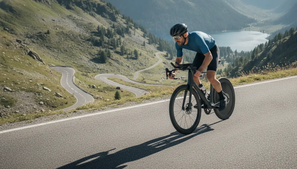 Cyclist doing hill interval training during gran fondo build phase workout