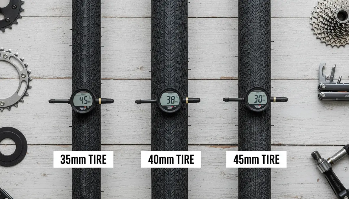 Gravel tire pressure chart comparing optimal PSI for different tire widths and weights