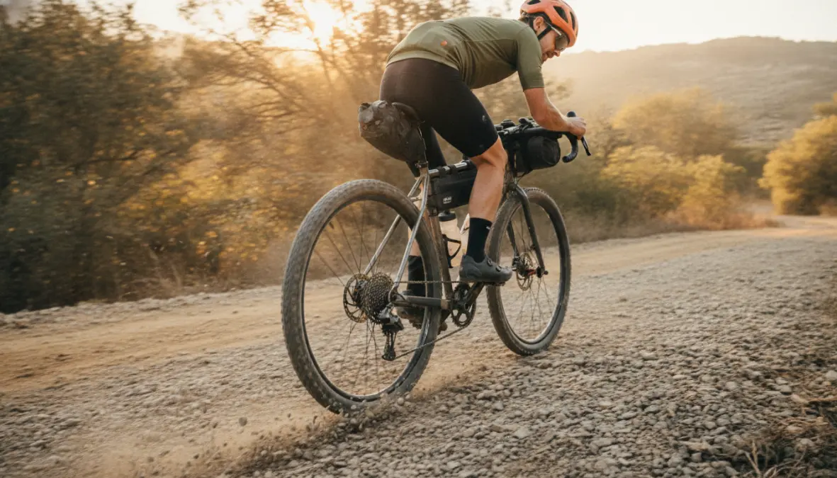 Terrain-specific tire pressure adjustments demonstrated on gravel bike during mixed surface riding