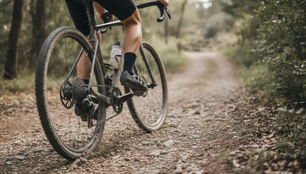 Cyclist demonstrating proper climbing technique during gravel bike training on steep mixed terrain