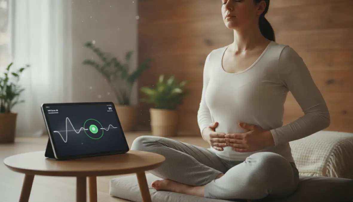 HRV biofeedback training session showing breathing technique and cardiac coherence monitoring