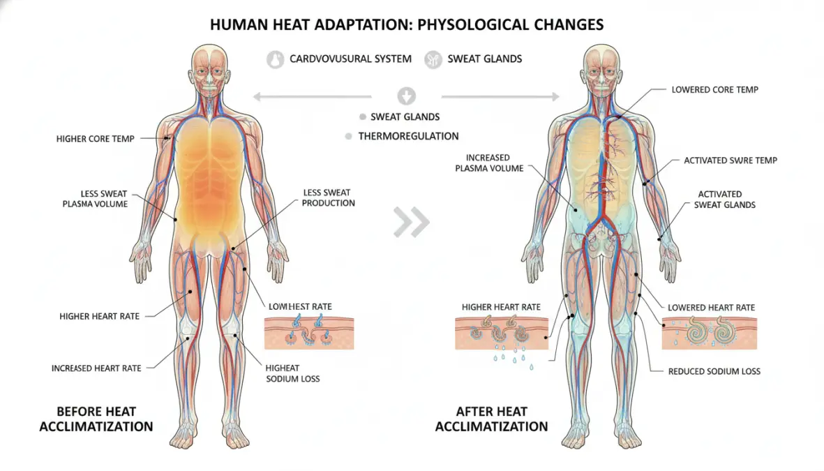 Physiological adaptations during heat acclimatization training showing plasma volume expansion and thermoregulation improvements