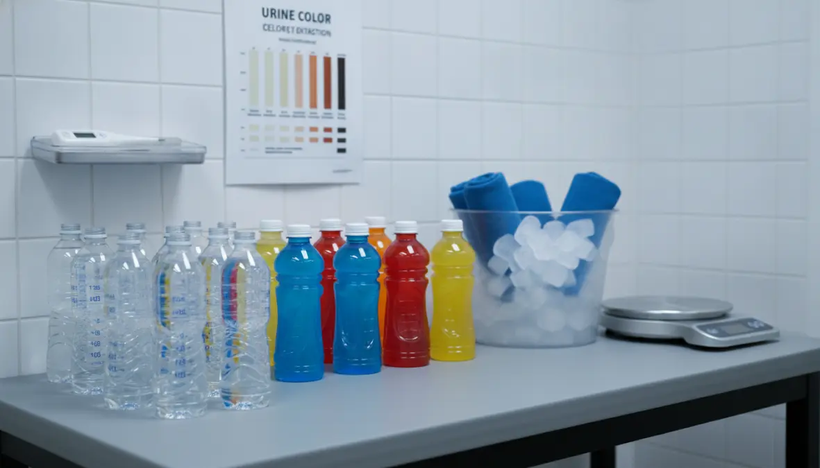 Dehydration prevention sports equipment including hydration monitoring tools and electrolyte drinks for athletes