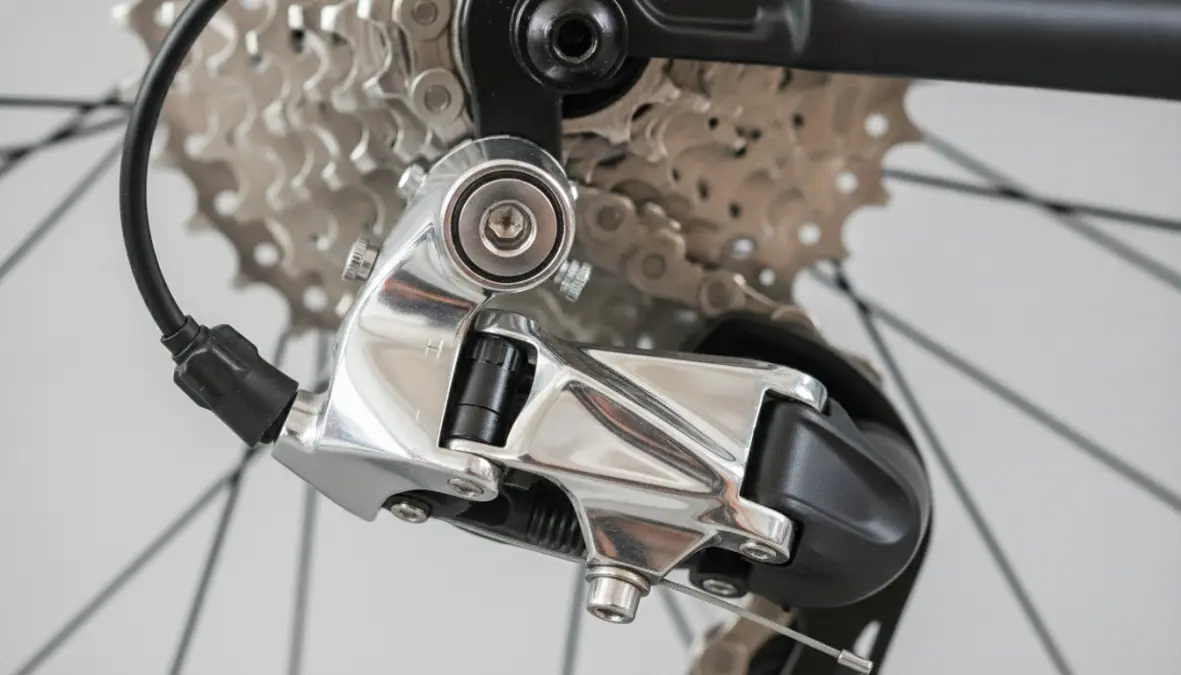 Rear derailleur close-up showing limit screws and cable tension adjustment points