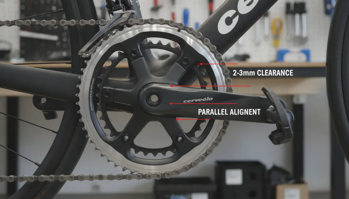 Front derailleur setup showing proper alignment and height adjustment above chainrings