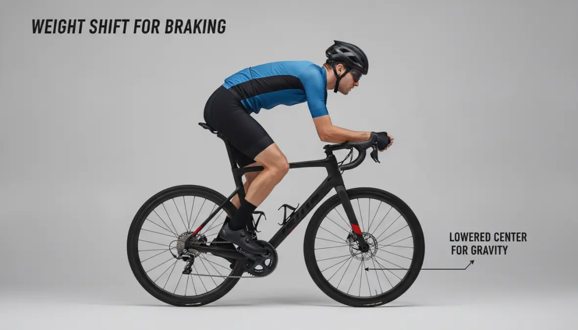Road cyclist demonstrating proper weight distribution and body position during braking to prevent flipping