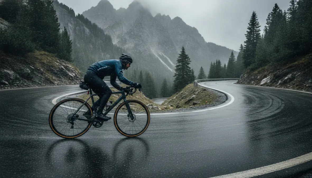 Cyclist using proper descending braking technique on wet mountain road demonstrating safe wet weather braking