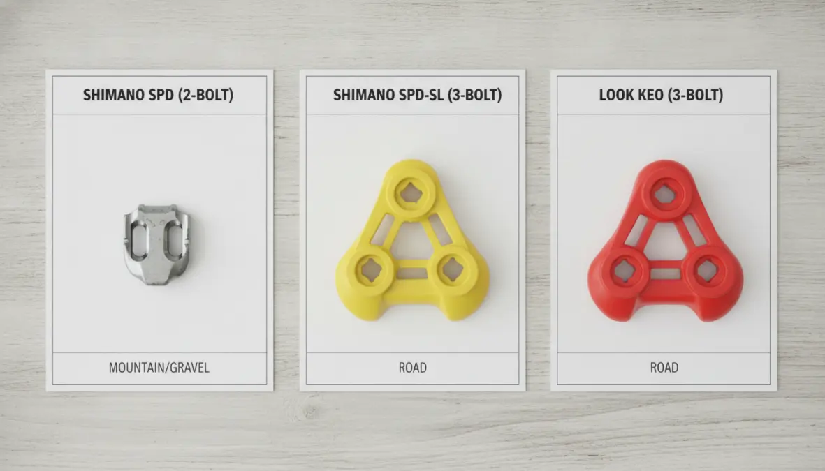 Comparison of SPD vs SPD-SL and Look Keo cycling cleat types showing two-bolt and three-bolt systems