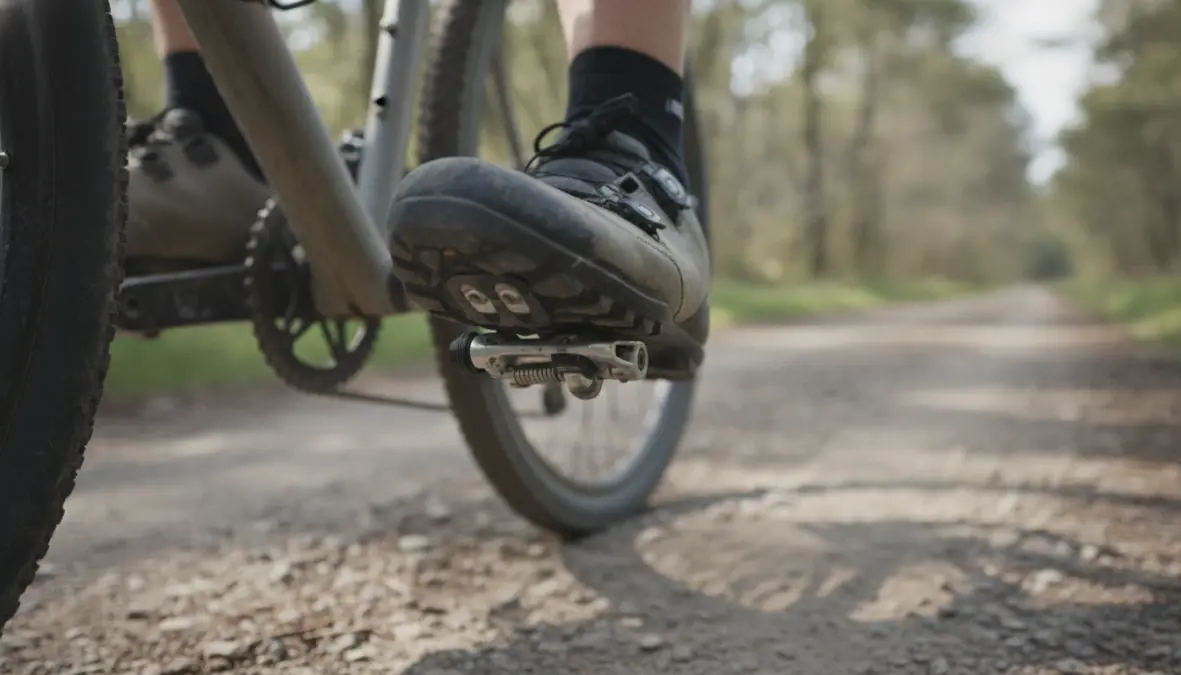 Cyclist using SPD clipless pedals showing proper pedal engagement and cleat position on mountain bike