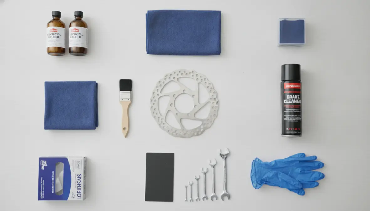 Essential tools and materials needed for cleaning bike disc brakes including isopropyl alcohol and brake cleaning supplies