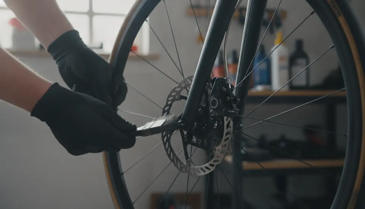 Removing road bike wheel to properly clean disc brake rotor and inspect brake pads for contamination