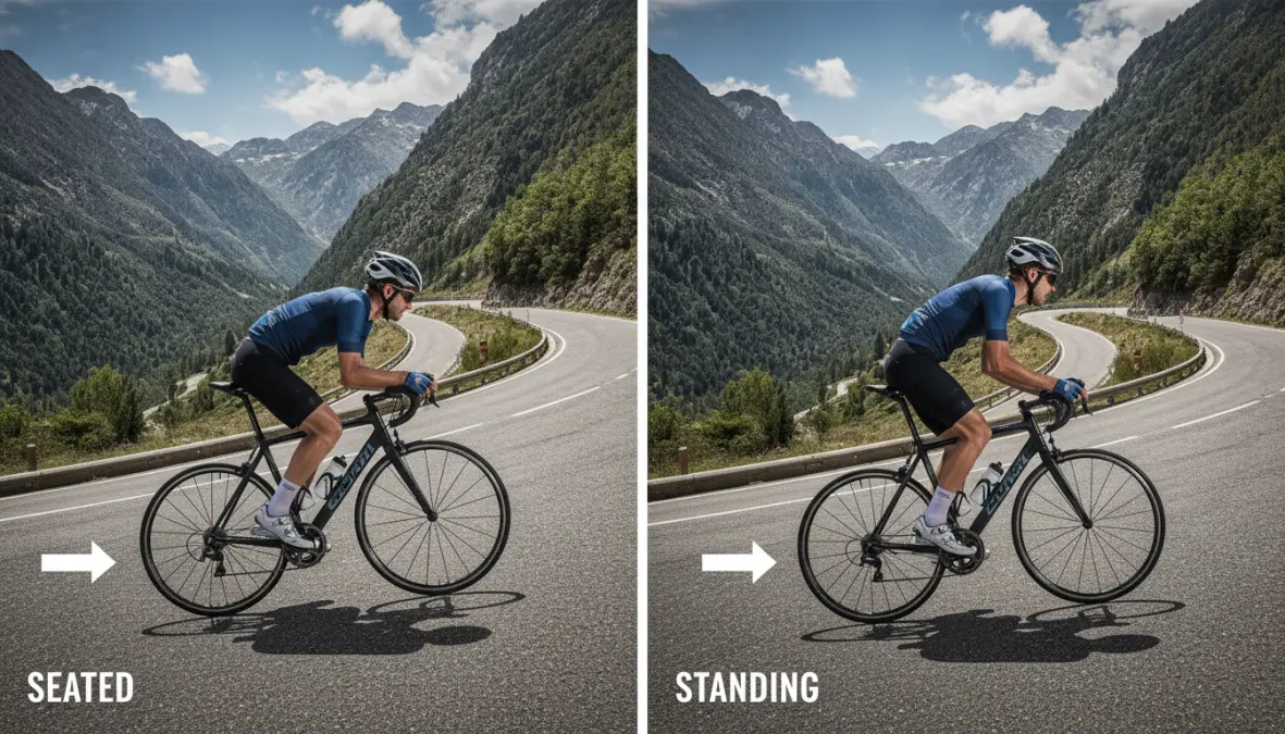 Standing vs seated climbing comparison showing different body positions and techniques