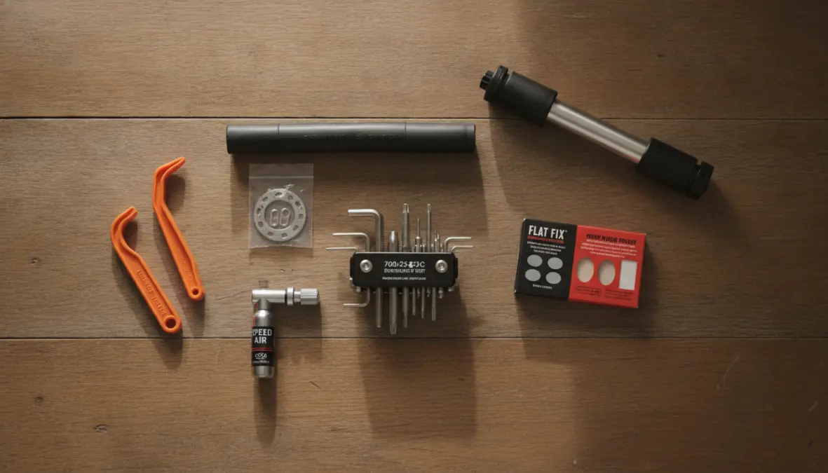 Essential bike emergency toolkit with multi-tool, puncture repair kit and roadside repair tools