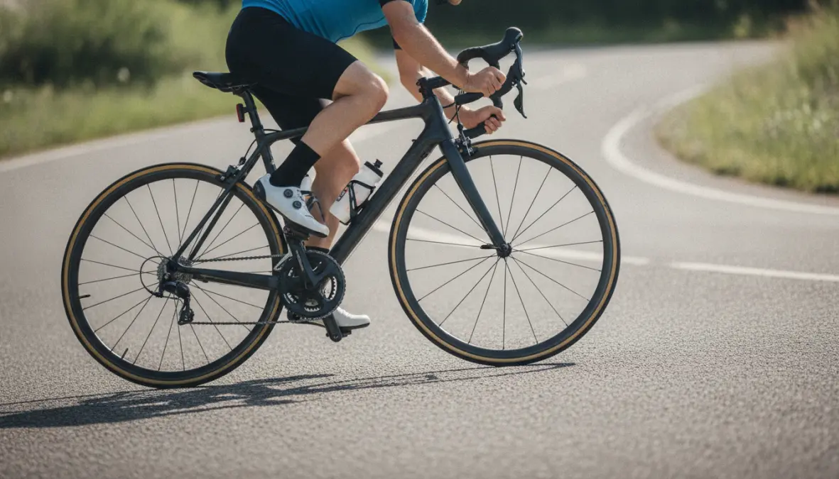 Cyclist demonstrating proper body position for road bike cornering with outside pedal down