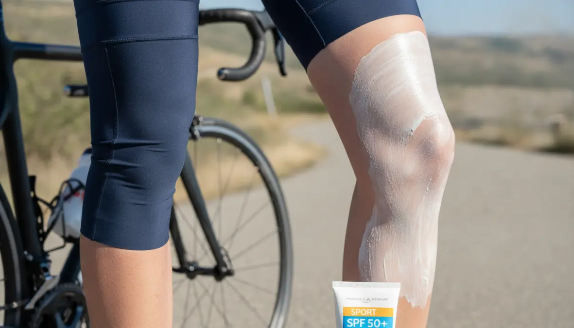 Cyclist demonstrating proper leg coverage and sunscreen application to avoid cycling tan lines