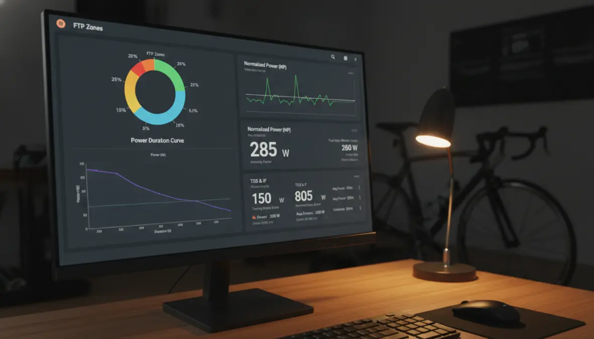 Power meter data analysis dashboard showing cycling performance metrics and training stress score