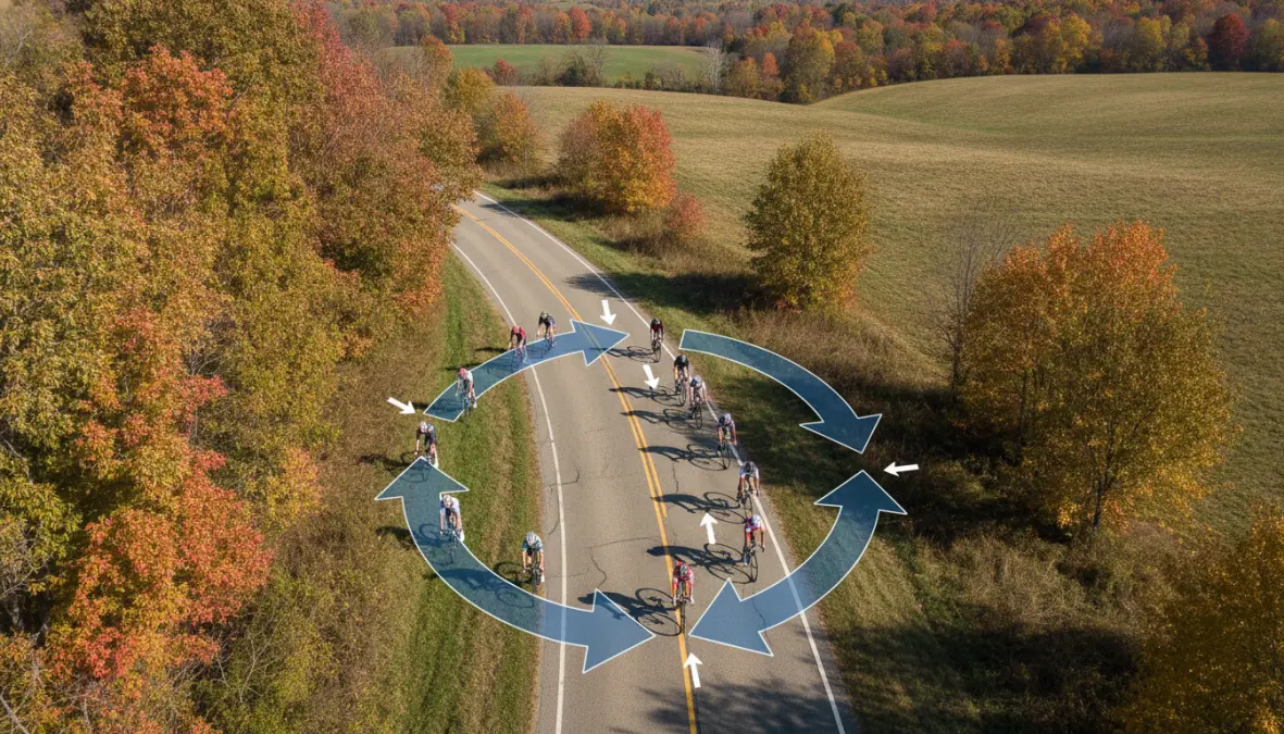 Cyclists demonstrating rotating paceline technique with riders taking turns at the front