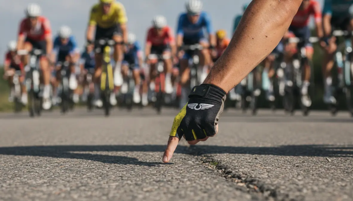 Cyclist using hand signals to communicate road hazards during paceline group ride
