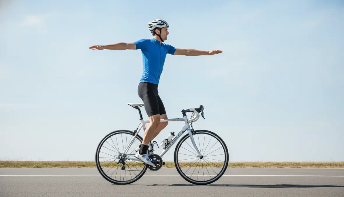 Proper body positioning for hands free cycling showing core strength and balance