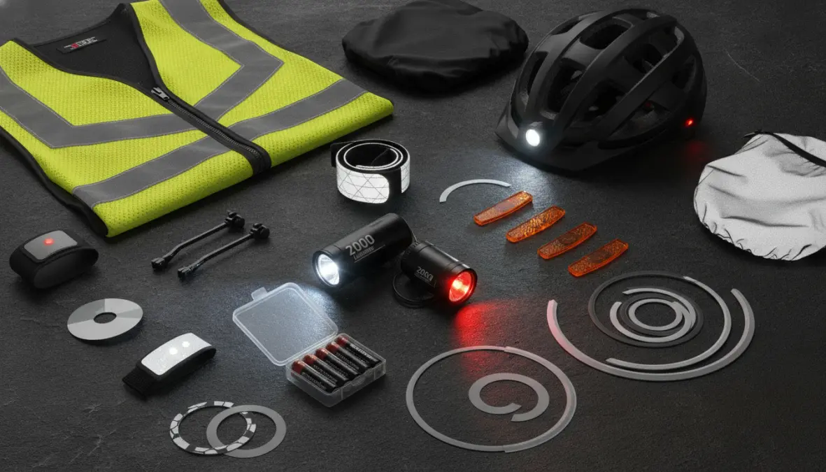 Essential night riding equipment including LED bike lights, reflective gear and high visibility cycling accessories