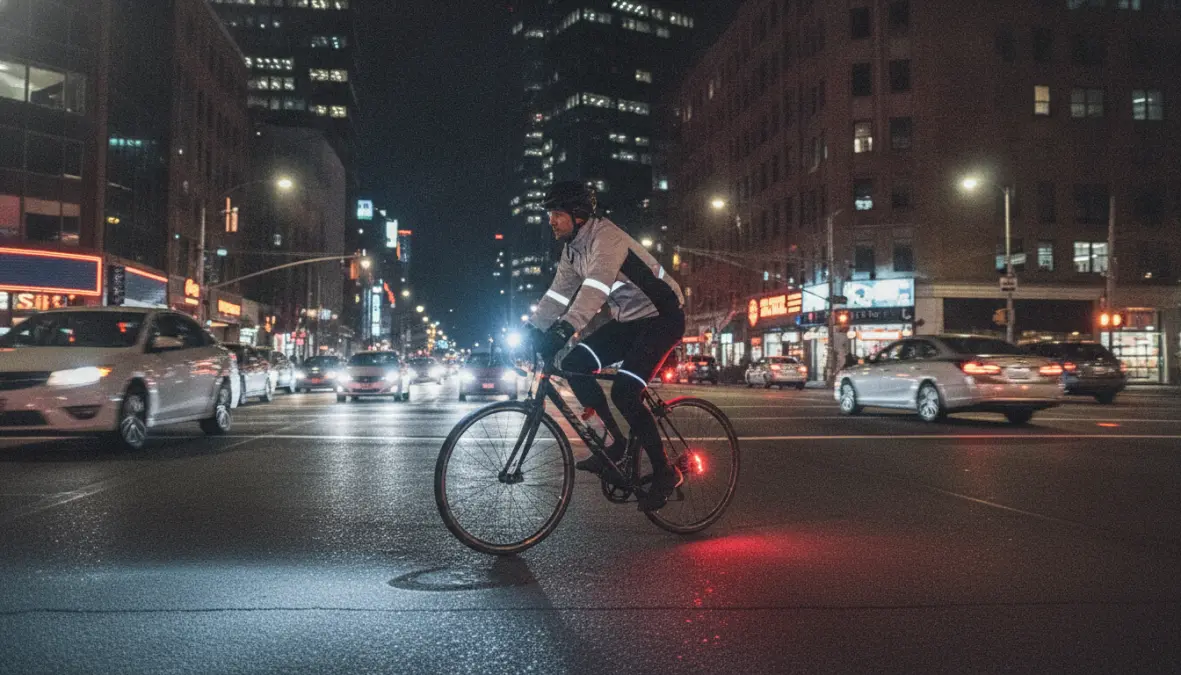 Cyclist demonstrating safe urban night cycling strategies with proper lighting and reflective clothing at intersection