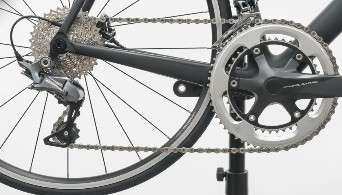 Road bike drivetrain components including rear derailleur, cassette, and chainrings showing the bicycle gear system