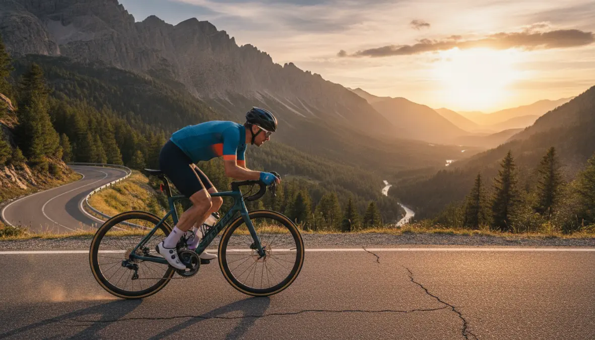 Cyclist demonstrating proper gear shifting technique while climbing uphill on a road bike with correct cadence and posture