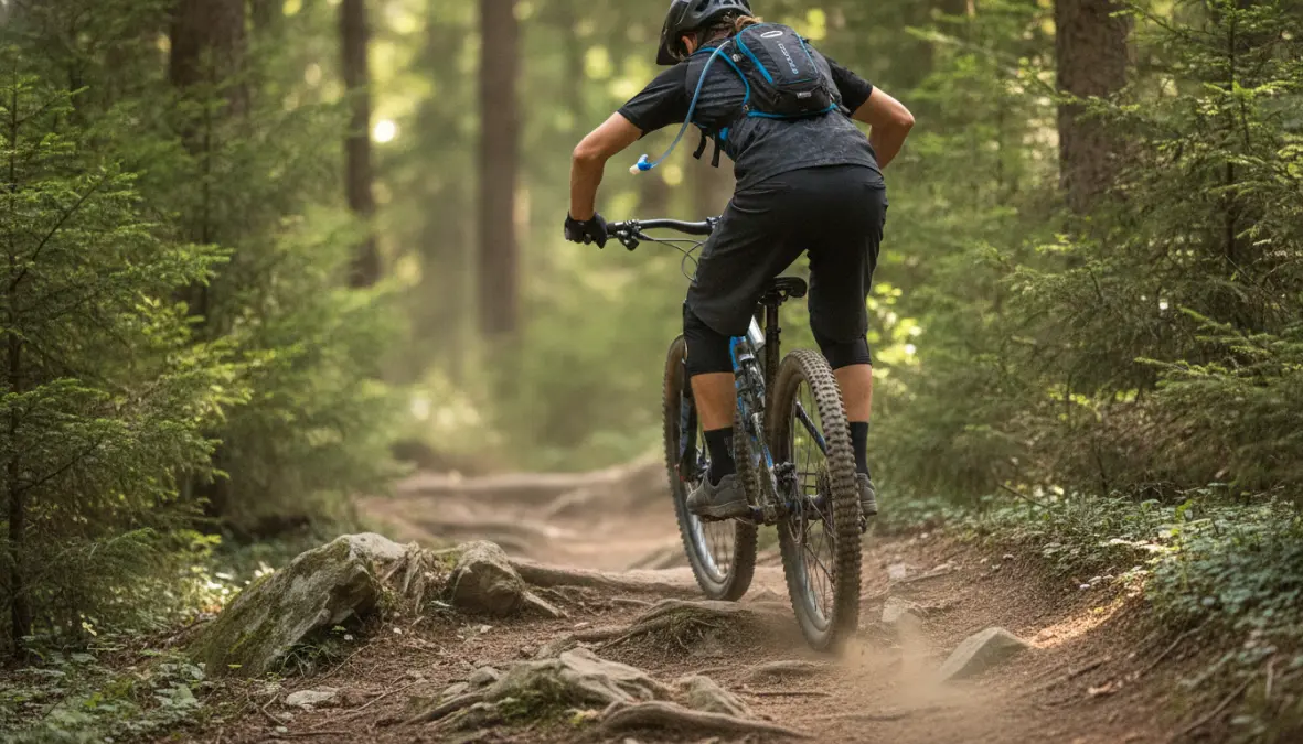 Ciclista mountain bike con hydration pack per idratazione hands-free su percorso tecnico