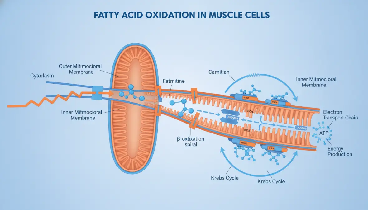 Diagram showing how l carnitine fat burning works through fatty acid oxidation in mitochondria