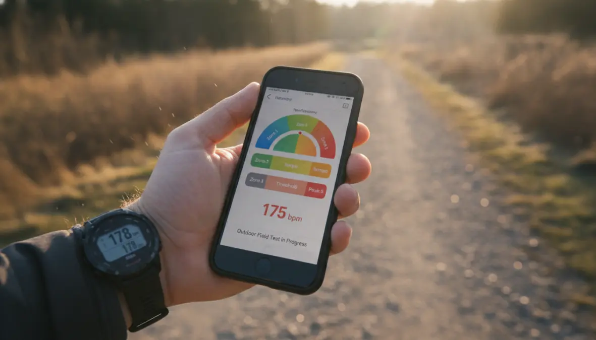 Runner monitoring heart rate during DIY lactate threshold field test outdoors