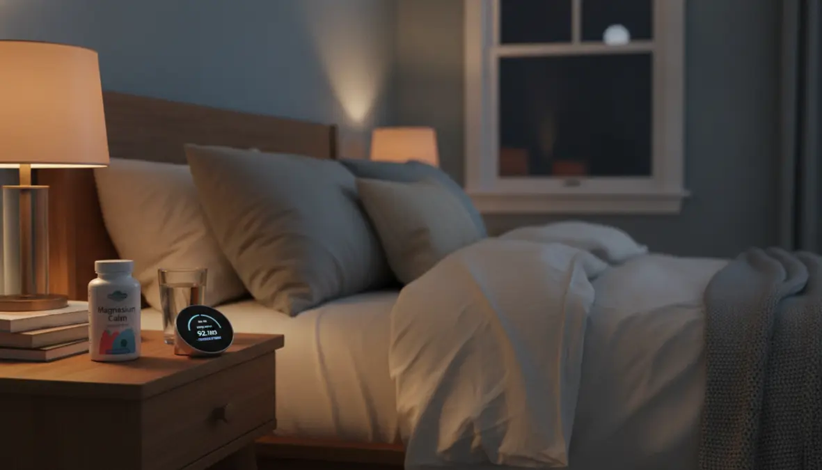 Integratore di magnesio sul comodino per migliorare la qualità del sonno degli atleti